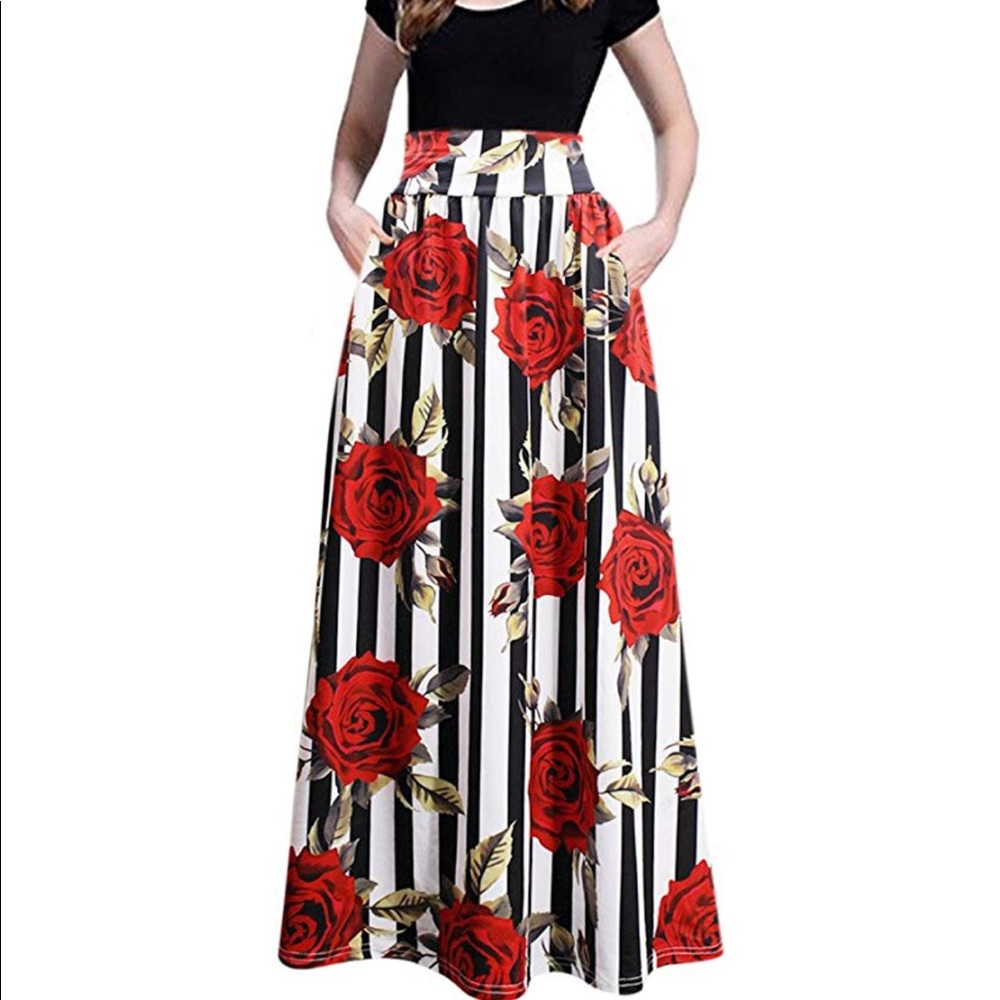 Women's High waist Maxi Rose Skirt with Pockets